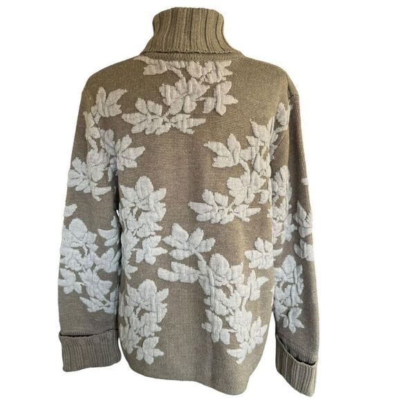 Jamie Gries Cozy Chic Collection Cardigan Turtleneck L Taupe Floral Sweater - Picture 3 of 9
